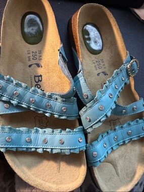 Birkenstock Teal Blue Studded Ruffled Strap Sandals